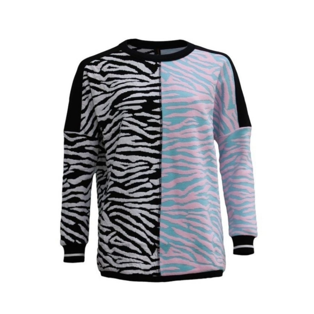 Marc Cain Sports, Knit Zebra Print Sweater, Black/White/Blue/Pink, Size 3